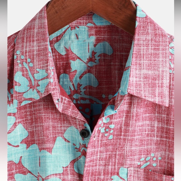 Men's Red Floral Short Sleeve Button Up Beach Tropical Hawaiian Shirt - Picture 3 of 6